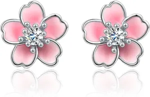 Cherry Blossom Earrings for Women 925 Sterling Silver Pink Flower Studs Cute Hypoallergenic Jewelry Plumeria Floral Design Cute Flower Stud Earrings