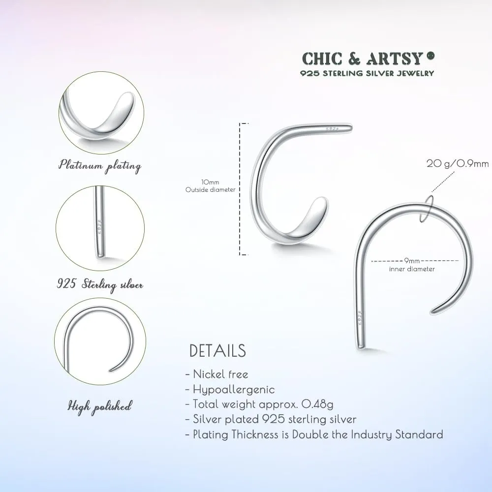 CHIC & ARTSY 925 Sterling Silver Open Hoop Earrings Small Hoop Earrings for Women Half Hoop Cartilage Piercing Adjustable Huggie Earrings