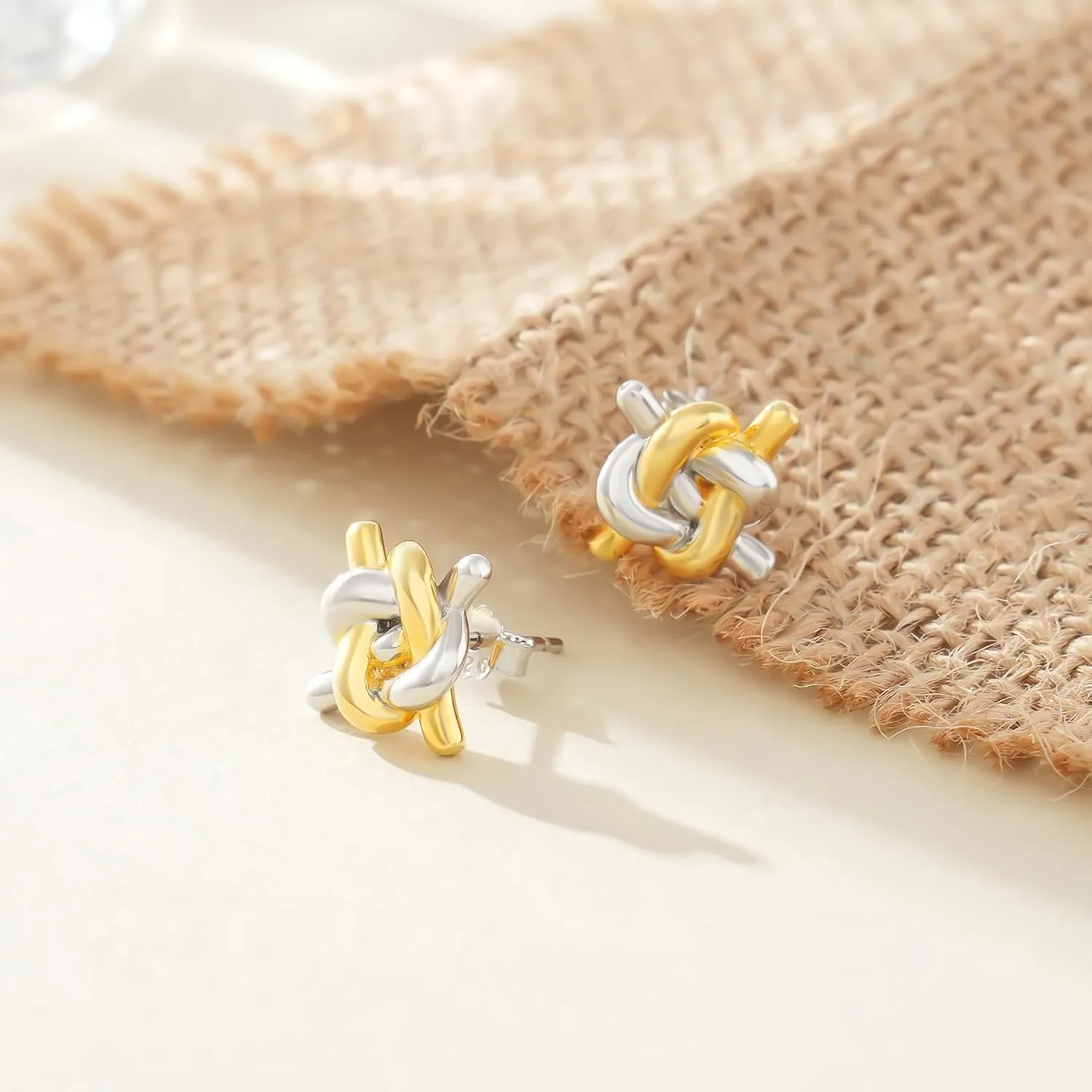 CHIC & ARTSY Love Knot Earrings Gold Plated 925 Sterling Silver Tri-tone White,Yellow,Rose Love Knot Stud Earrings Dainty 8MM High Polished Stud Earrings for Women