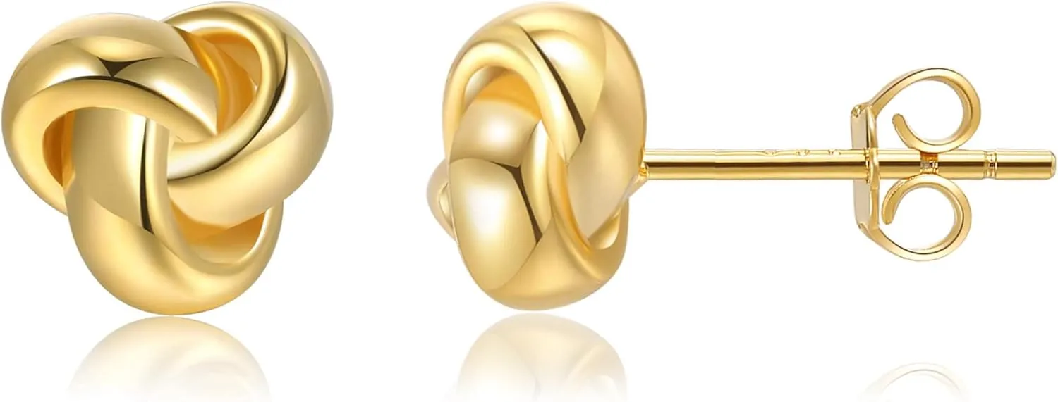 CHIC & ARTSY Love Knot Earrings Gold Plated 925 Sterling Silver Tri-tone White,Yellow,Rose Love Knot Stud Earrings Dainty 8MM High Polished Stud Earrings for Women