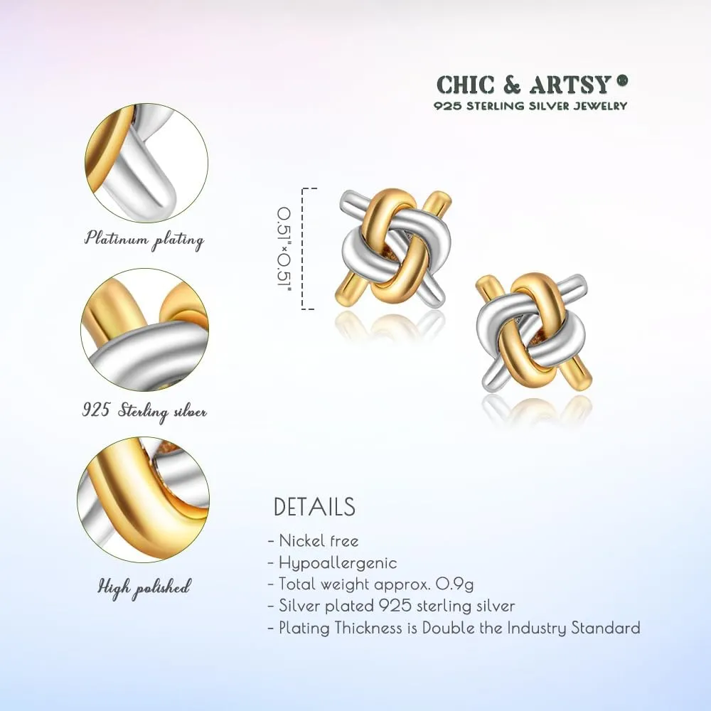 CHIC & ARTSY Love Knot Earrings Gold Plated 925 Sterling Silver Tri-tone White,Yellow,Rose Love Knot Stud Earrings Dainty 8MM High Polished Stud Earrings for Women