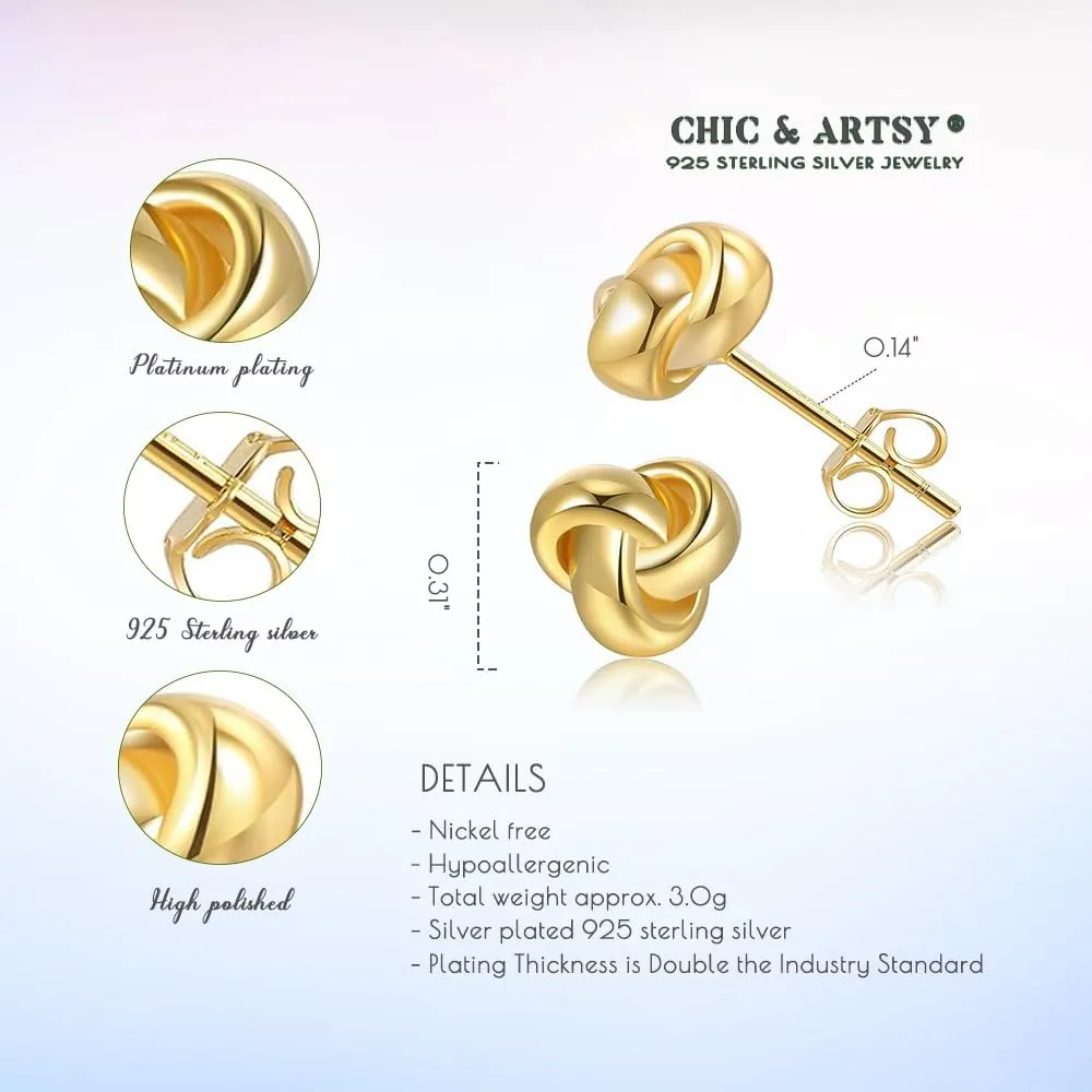 CHIC & ARTSY Love Knot Earrings Gold Plated 925 Sterling Silver Tri-tone White,Yellow,Rose Love Knot Stud Earrings Dainty 8MM High Polished Stud Earrings for Women