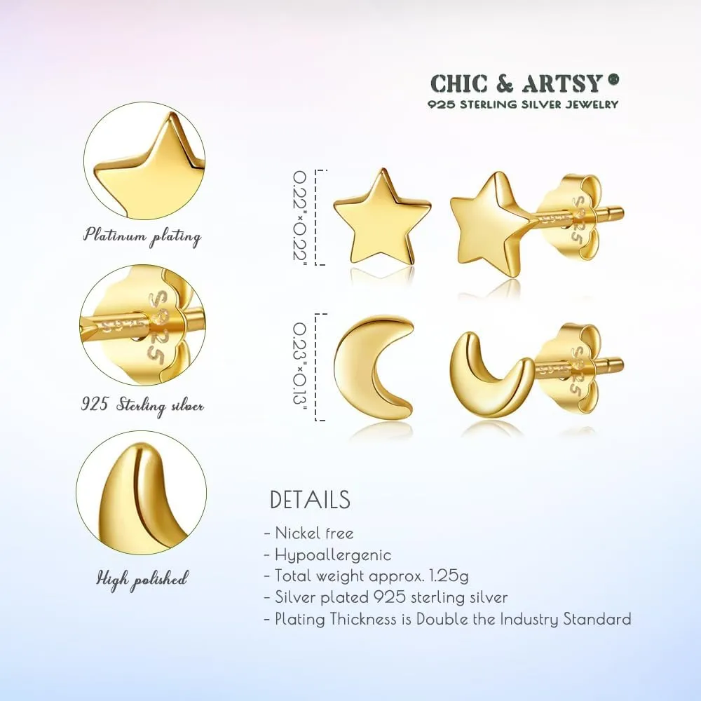 CHIC & ARTSY Solid Real 925 Sterling Silver Satr Moon Stud Earrings | Dainty Celestial Stud Earrings | Tiny Cartilage Earrings for Women