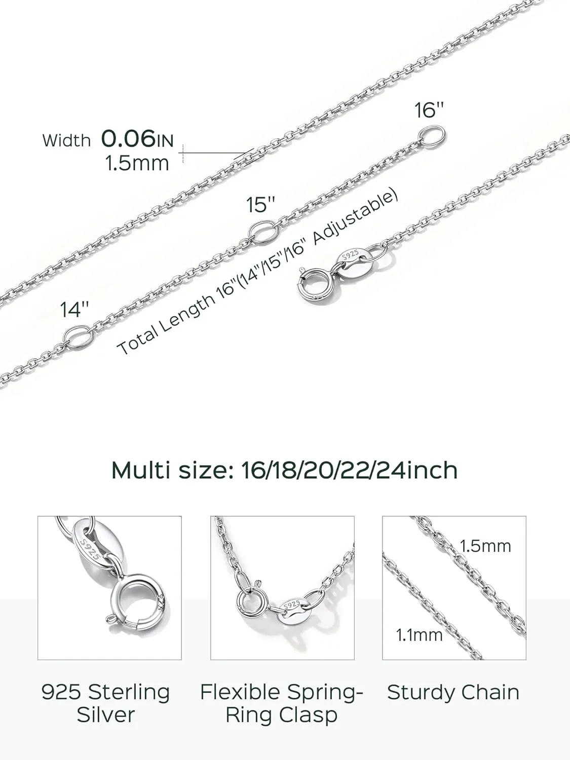 ChicSilver 1.1mm/ 1.5mm 925 Sterling Silver Chains for Women Dainty Thin Silver Necklace Chain for Women - 16/18/20/22/24 Inch (with Gift Box)