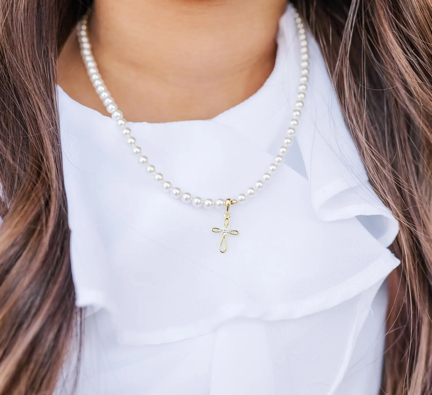 Children's 14K Gold Plated or Sterling Silver Cross Bracelet with Simulated Pearls for Girls First Communion, Baptism, Christening or Dedication Gift