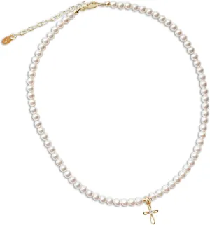 Children's 14K Gold Plated or Sterling Silver Cross Bracelet with Simulated Pearls for Girls First Communion, Baptism, Christening or Dedication Gift