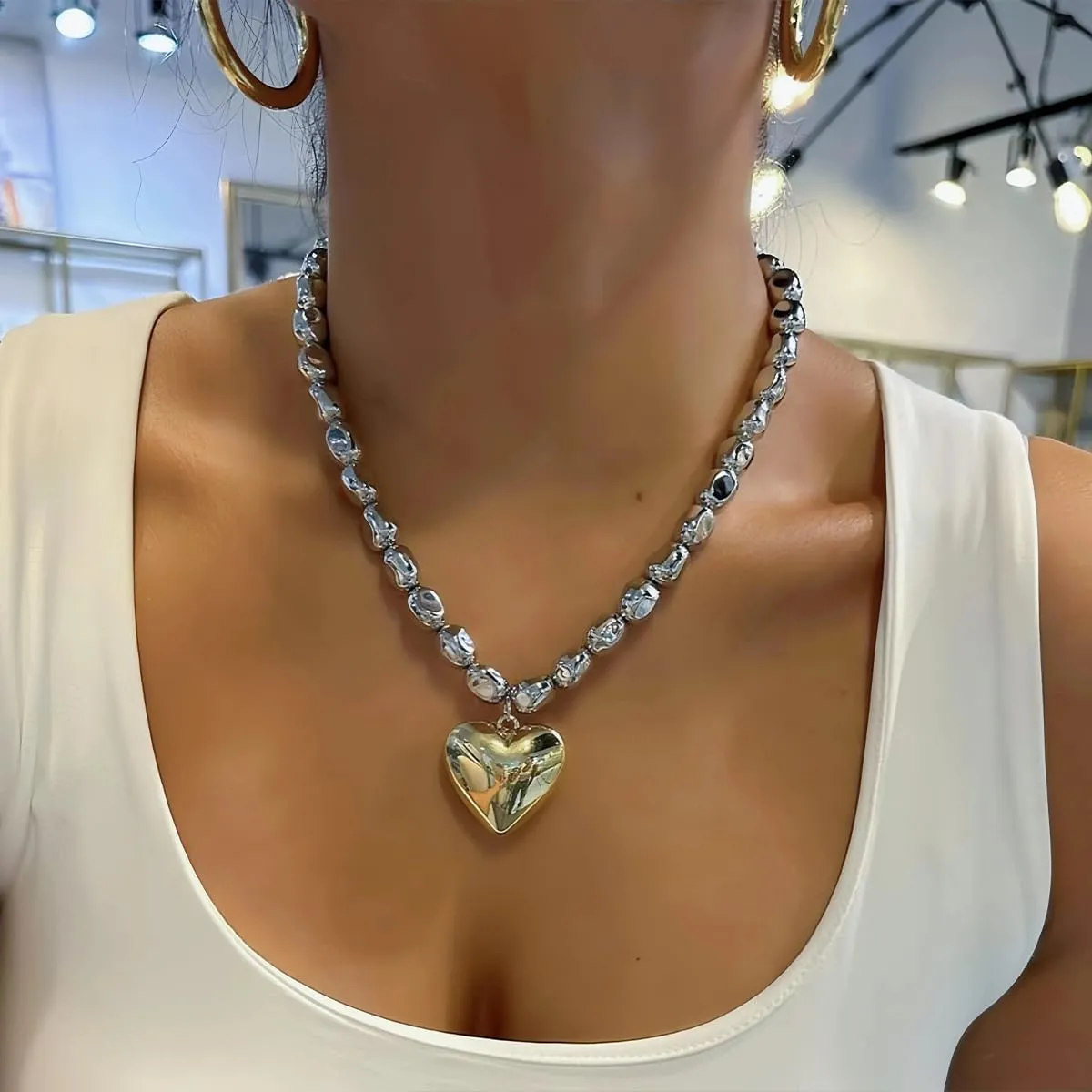 Chunky Gold Heart Necklace for Women Irregular Puffy Heart Pendant Necklace Stylish Statement Jewelry