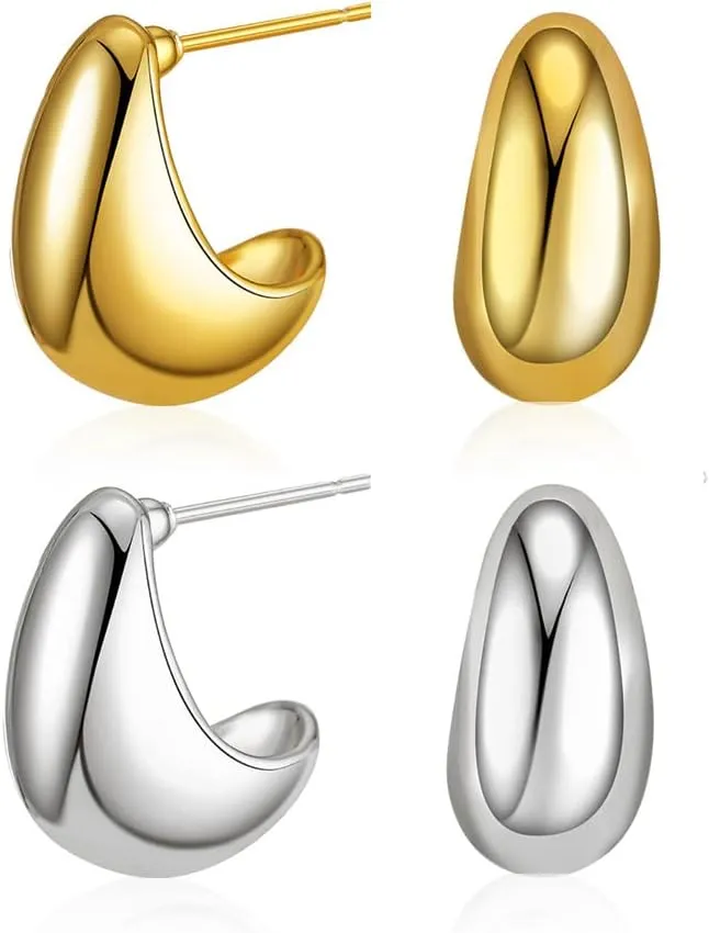 Chunky Gold Hoop Earrings, 2 Pairs Waterdrop Earrings for Women Open Hoops with 14K Gold Silver Tear Drop Filled Hypoallergenic Trendy Jewelry for Women