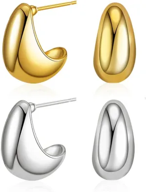 Chunky Gold Hoop Earrings, 2 Pairs Waterdrop Earrings for Women Open Hoops with 14K Gold Silver Tear Drop Filled Hypoallergenic Trendy Jewelry for Women