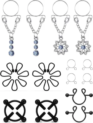 Cisyozi 5Pairs Stainless Steel Fake Nipple Rings for Women Non-Piercing Dangle Nipplerings Faux Body Piercing Jewelry