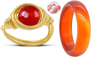 CJIAYUJEW 2PCS Carnelian Rings Gemstone Band Healing Ring for Women Carnelian Smooth Round Donut Ring