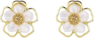 Clip On Flower Shell Pearl Fake Stud Earrings for Women No Piercings Ear Fashion Elegant Gold Plated White Floral Statement Huggie Studs Wedding Valentines Day Jewelry Gifts for Her Birthday Hypoallergenic 15mm