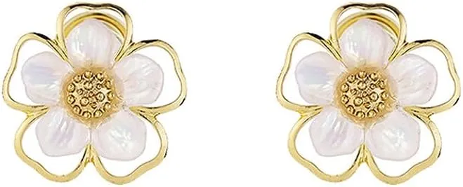 Clip On Flower Shell Pearl Fake Stud Earrings for Women No Piercings Ear Fashion Elegant Gold Plated White Floral Statement Huggie Studs Wedding Valentines Day Jewelry Gifts for Her Birthday Hypoallergenic 15mm