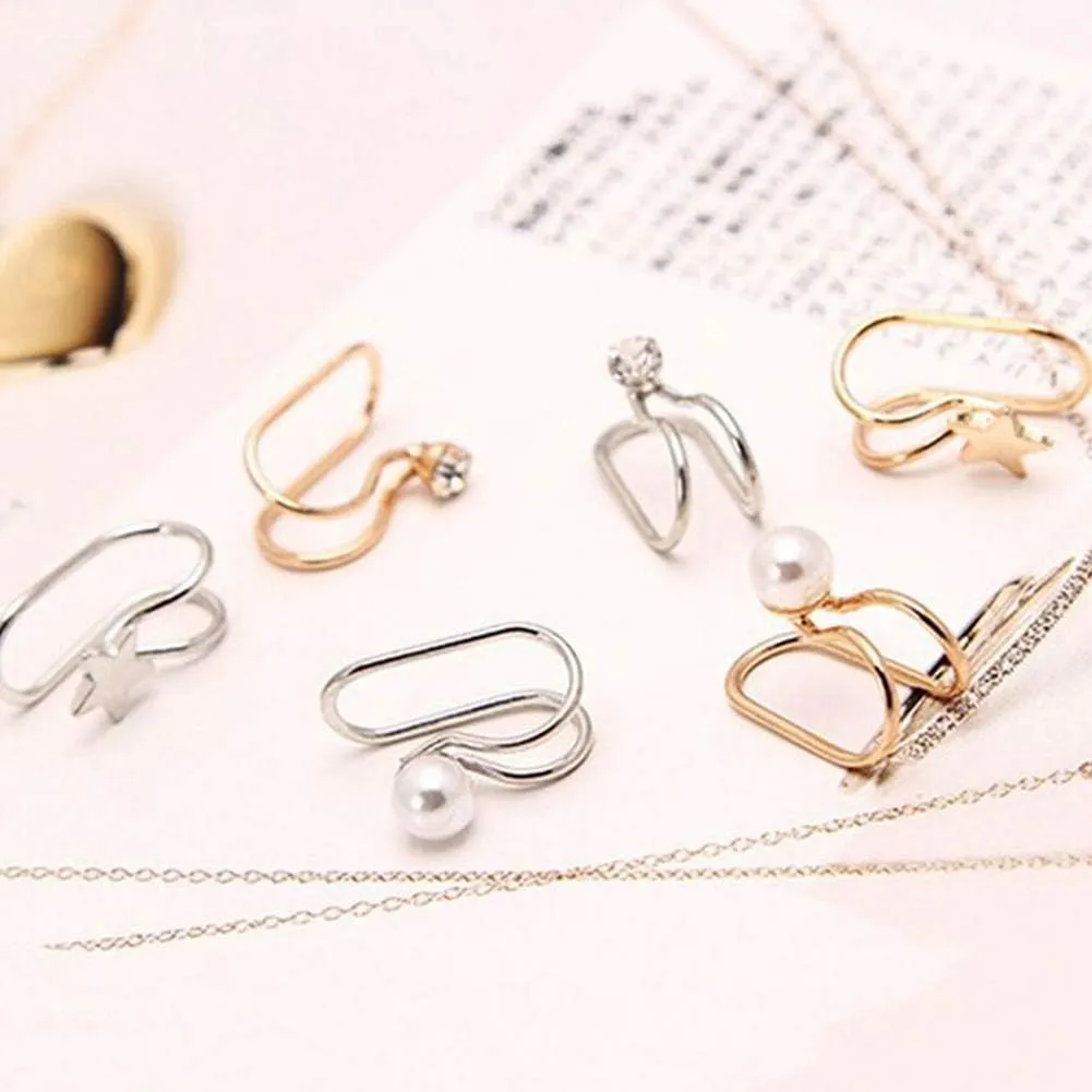 Clip on Hoop Earrings for Women 1Pc Women Star Cubic Zirconia Faux Pearl Non Piercing Ear Cuff Clip Earrings Golden #010