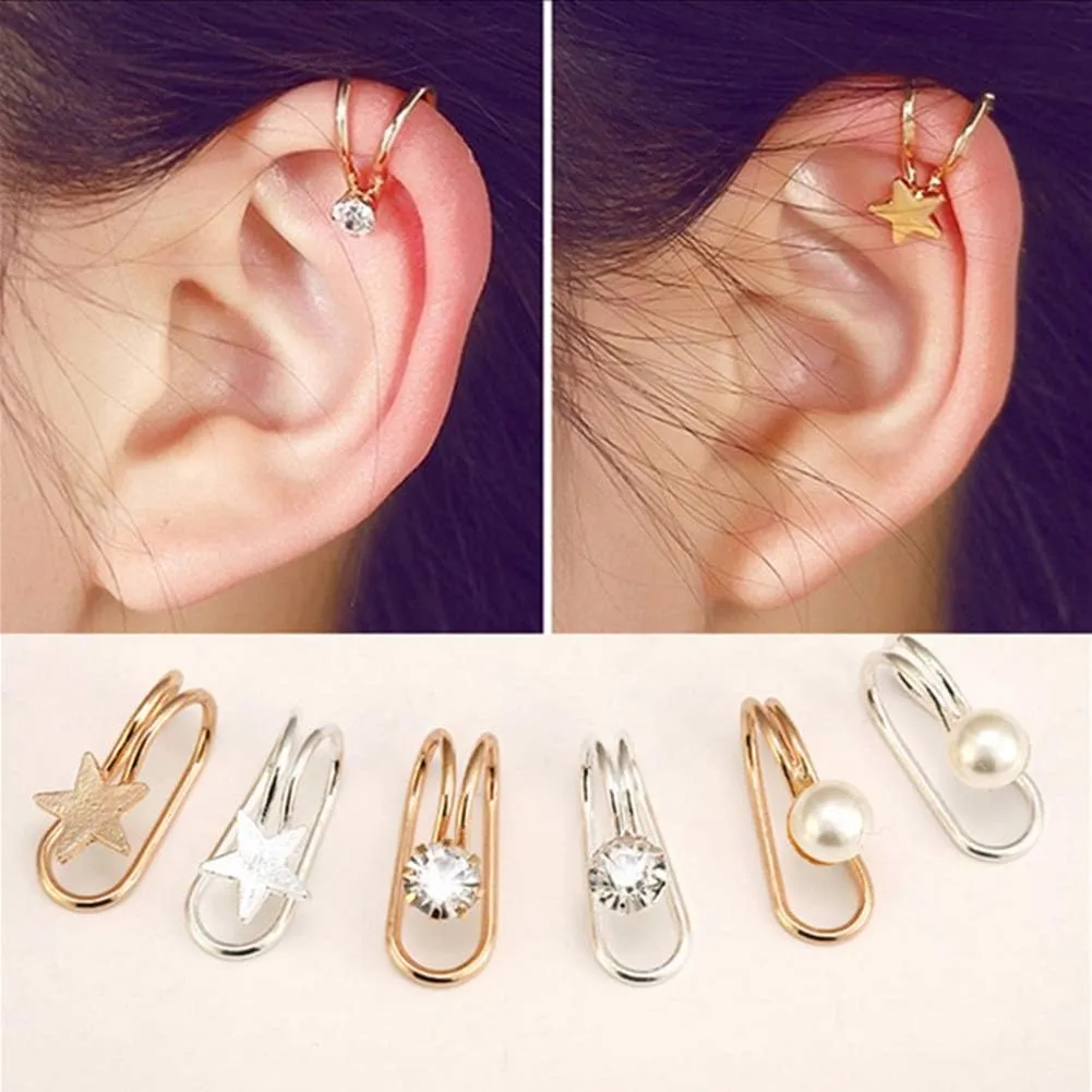 Clip on Hoop Earrings for Women 1Pc Women Star Cubic Zirconia Faux Pearl Non Piercing Ear Cuff Clip Earrings Golden #010