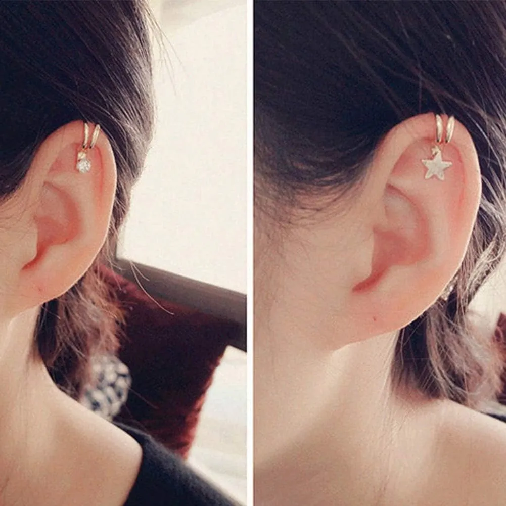 Clip on Hoop Earrings for Women 1Pc Women Star Cubic Zirconia Faux Pearl Non Piercing Ear Cuff Clip Earrings Golden #010
