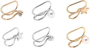Clip on Hoop Earrings for Women 1Pc Women Star Cubic Zirconia Faux Pearl Non Piercing Ear Cuff Clip Earrings Golden #010