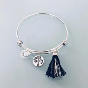 Clover Tree of Life Silver Bangle Bracelet | Pompom and a Perfume Bead | Women's Silver Bracelet