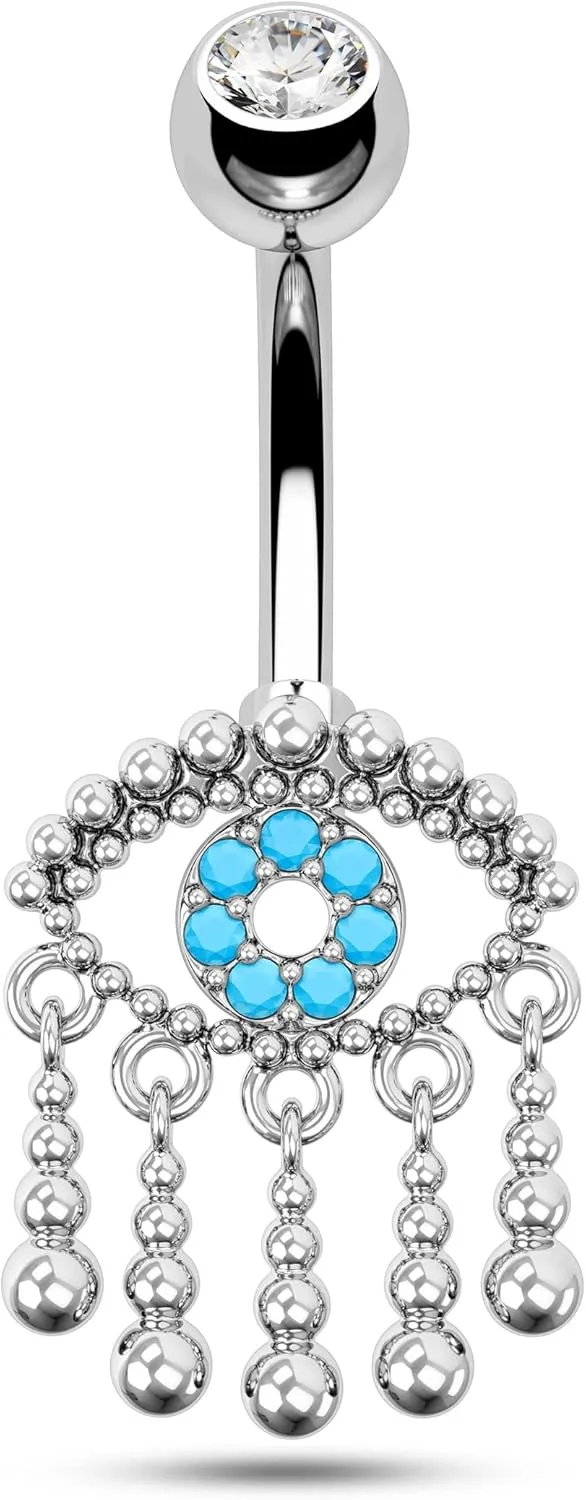 COCHARM Evil Eye Belly Button Rings Dangling Belly Rings Gold Silver Cute Tassel Belly Rings 14g Blue Turquoise Eye Belly Button Ring Stainless Steel Navel Piercing For Women