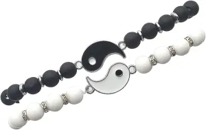 COLORFUL BLING 2 Pcs Beaded Beads Yin Yang Strand Wrap Rope Cord Bracelet Set Bangle for Couple BFF Matching Puzzle Pendant Bracelet Friendship for Women Men Jewelry Gifts
