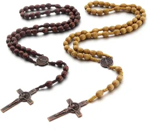 COLORFUL BLING Natural Wooden Beaded Cross Pendant Necklace Bracelets Set for Men Women Classic Religious Rosary Cross Necklace Inspirational Prayer Jewelry Handmade Prayer Stand Necklace Bracelets