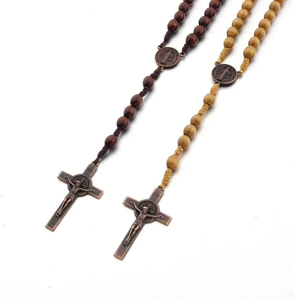 COLORFUL BLING Natural Wooden Beaded Cross Pendant Necklace Bracelets Set for Men Women Classic Religious Rosary Cross Necklace Inspirational Prayer Jewelry Handmade Prayer Stand Necklace Bracelets