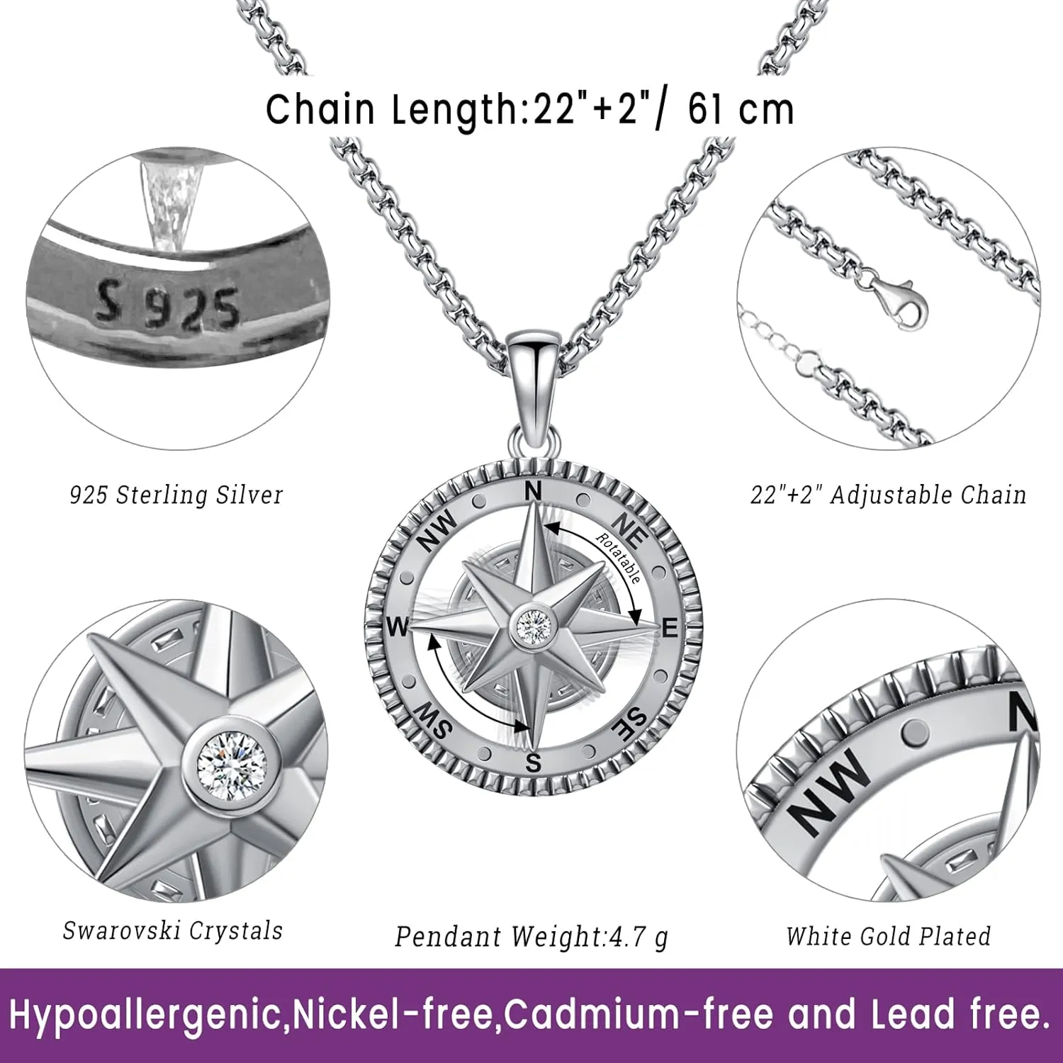Compass Necklace for Women Men 925 Sterling Silver Pendant Urn Necklaces for Ashes Picture Locket Necklace Anchor Necklace Viking Necklace Crystals CZ Moonstone Abalone Shell Turquoise Compass Jewelry