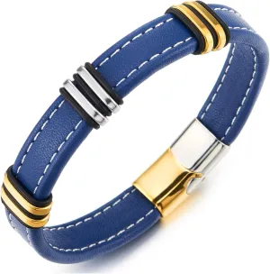COOLSTEELANDBEYOND Men's Blue Leather Bracelet with Steel Gold Silver Accents, White Stitching, Stylish Fashion Jewelry