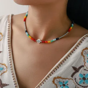 Coridy Boho Rainbow Beaded Choker Necklace Smiley Face Necklaces Beach Clavicle Chain Jewelry for Women and Girls