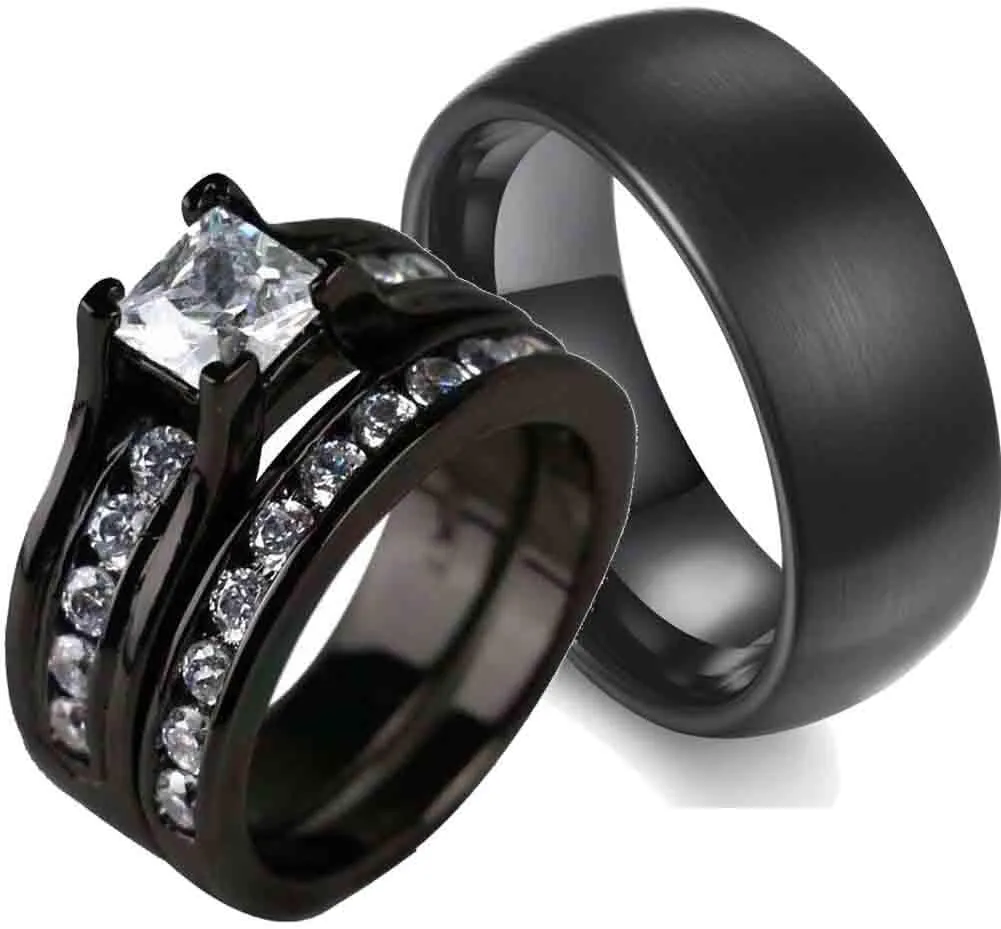 Couple Rings Black Gold Filled Princess cut Cz Womens Wedding Ring Sets Titanium Men's Ring Wedding Band