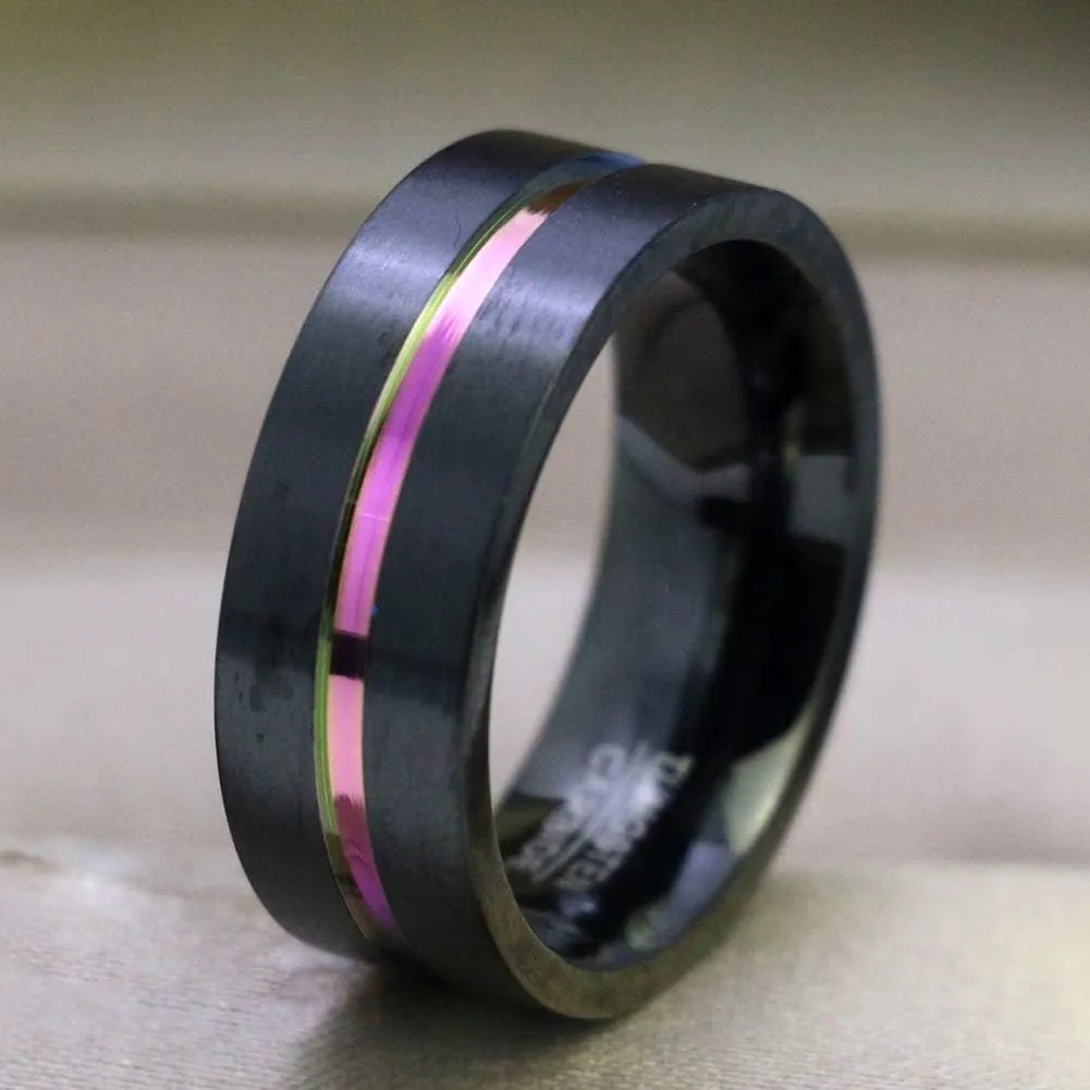 Couple Rings Black Plated Round Purple Cz 2pc Womens Wedding Ring Sets 8mm Tungsten Mens Wedding Band (Please Buy 2 Rings for 1 Pair)