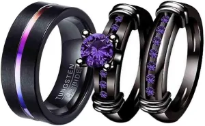 Couple Rings Black Plated Round Purple Cz 2pc Womens Wedding Ring Sets 8mm Tungsten Mens Wedding Band (Please Buy 2 Rings for 1 Pair)