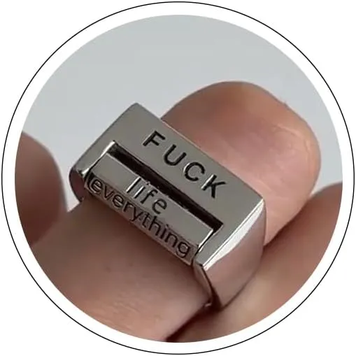 Creative Fuck Rotatable Mood Control Ring for Women Men Fuck You Me Everything Life World It Spinner Ring Silver Fidget Anxiety Chunky Rings Square Open Ring Inspirational Mood Jewelry Gift