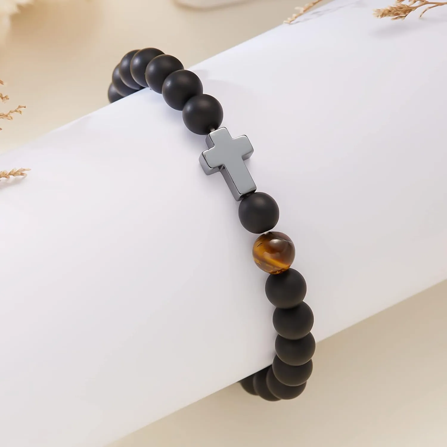 Cross Bracelet for Men To My Dad Son Godfather Black Tiger Eyes Beads Bracelet Father's Day Birthday Graduation Confirmation Christian Gift for Men