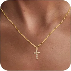 Cross Necklace for Women, 14K Gold Plated Cross Pendant Necklace Dainty Cross Charm Link Chain Choker Faith Jewelry Religious Gifts