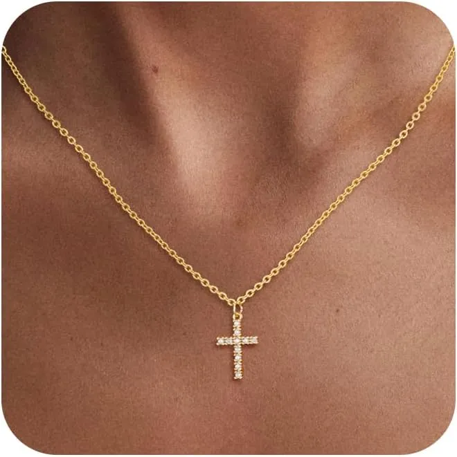 Cross Necklace for Women, 14K Gold Plated Cross Pendant Necklace Dainty Cross Charm Link Chain Choker Faith Jewelry Religious Gifts
