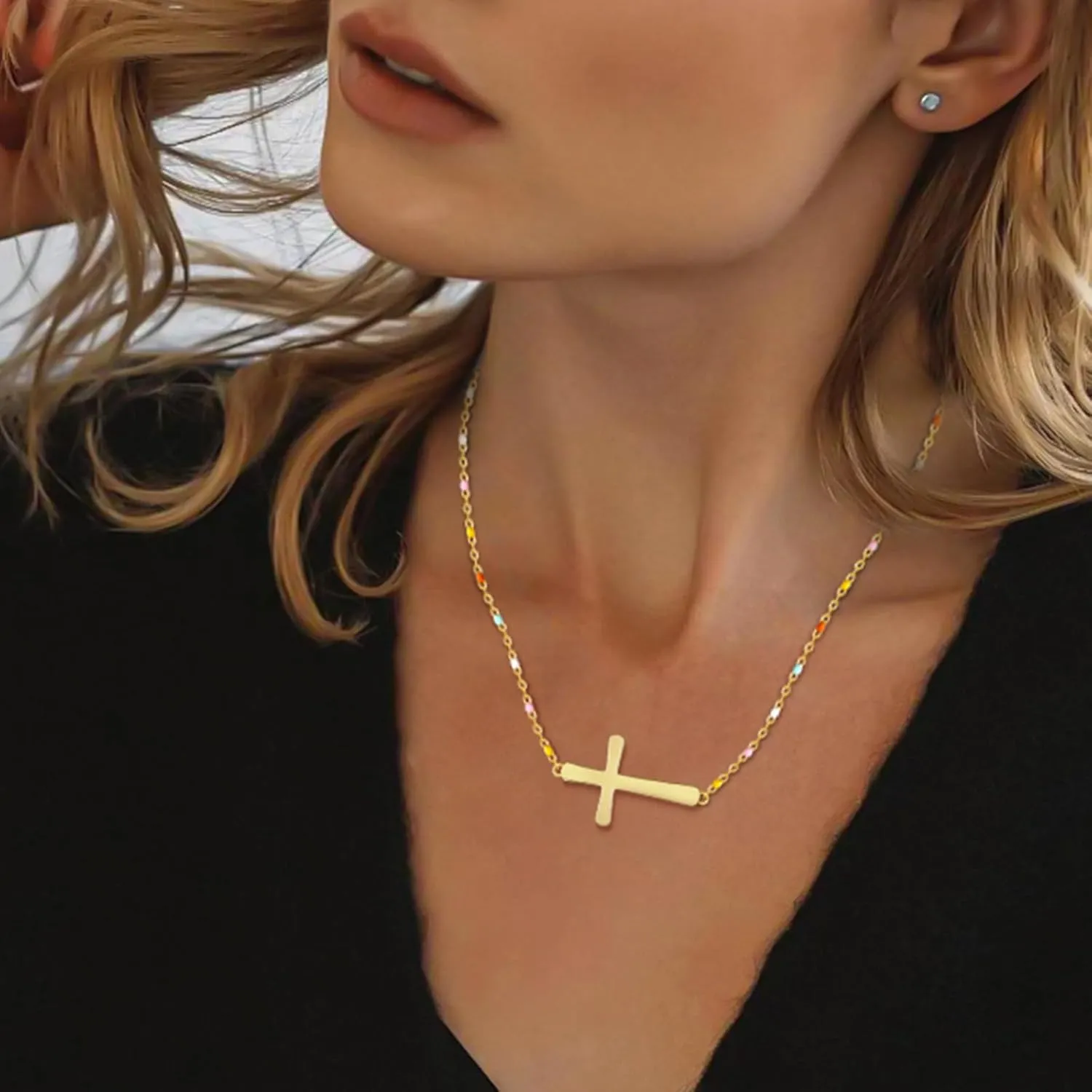 Cross Necklace for Women 18K Gold Sideways Cross Necklaces 925 Sterling Silver Colorful Enamel Beads Chain Dainty Tiny Faith Pendant Jewelry Mother's Day Gift