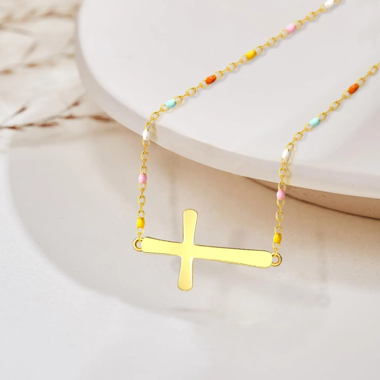 Cross Necklace for Women 18K Gold Sideways Cross Necklaces 925 Sterling Silver Colorful Enamel Beads Chain Dainty Tiny Faith Pendant Jewelry Mother's Day Gift