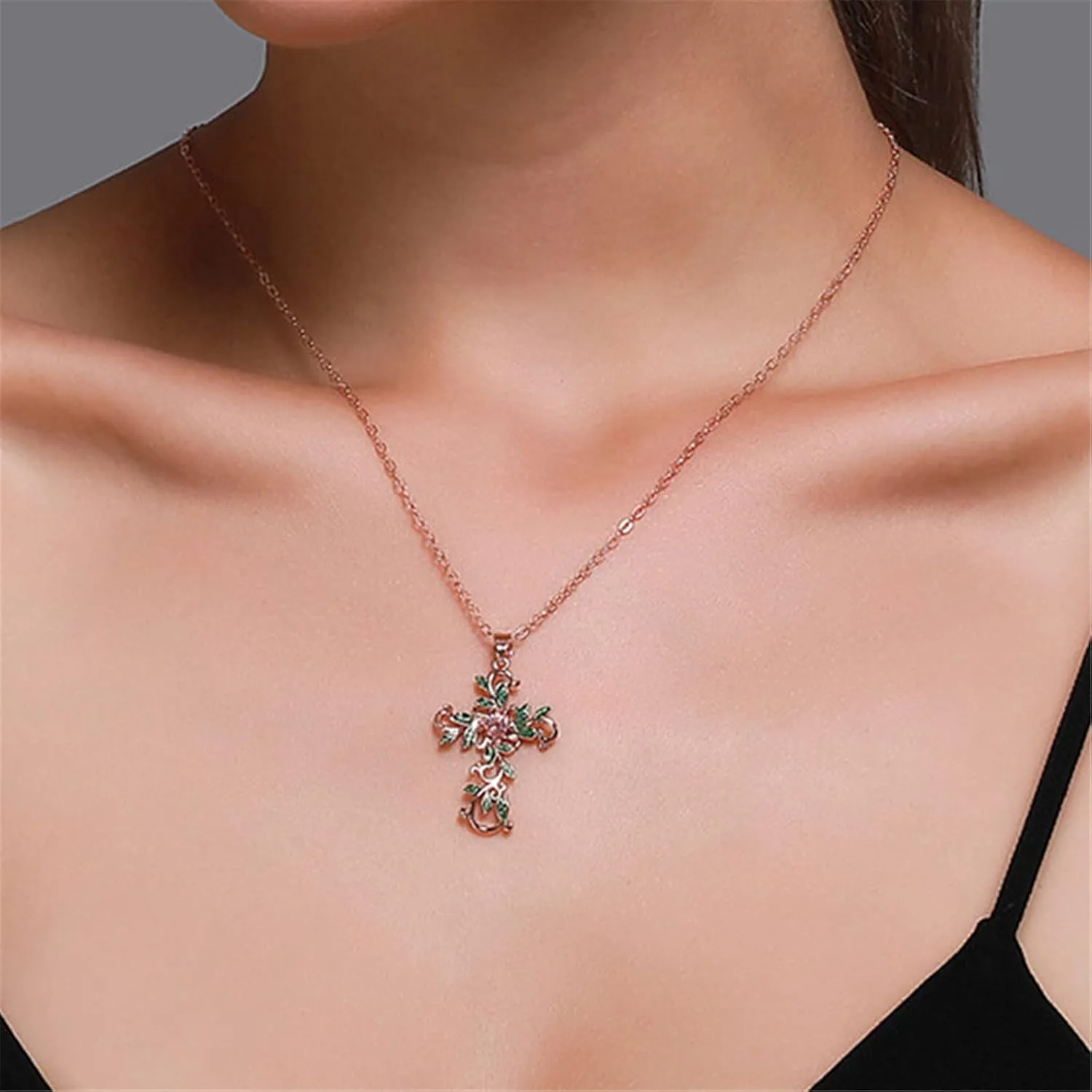 Cross Necklace for Women Charm Rose Gold Cross Pendant, Green Leaf Wrap Amethyst Crucifix Necklace Fashion Jewelry Gifts