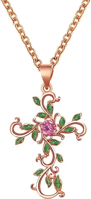 Cross Necklace for Women Charm Rose Gold Cross Pendant, Green Leaf Wrap Amethyst Crucifix Necklace Fashion Jewelry Gifts