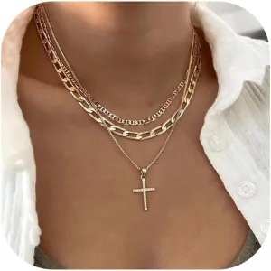 Cross Necklace for Women Layered Necklaces Dainty Gold Necklace Stacked Stacking Paperclip Chain Necklace Cross Pendant Jewelry Gift