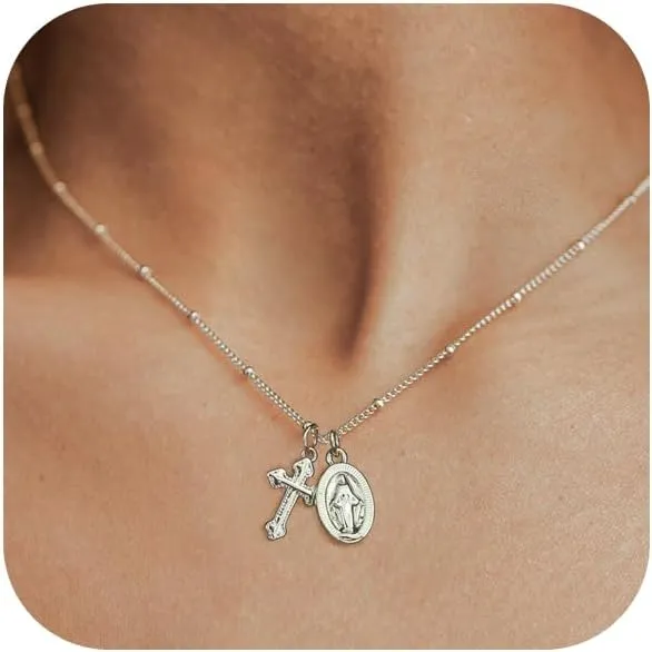 Cross Necklace for Women Trendy 14K Dainty Gold Silver Plated Cross Pendant Necklaces Simple Cute Faith Charm Choker Religious Drop Dangle Chain Necklace Non Tarnish Costume Jewelry Gift
