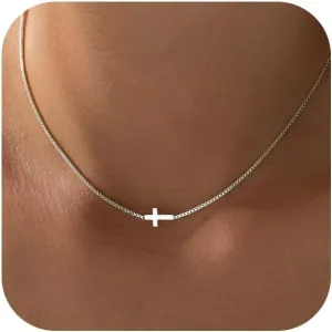 Cross Necklace for Women Trendy 14K Dainty Gold Silver Plated Cross Pendant Necklaces Simple Cute Faith Charm Choker Religious Drop Dangle Chain Necklace Non Tarnish Costume Jewelry Gift