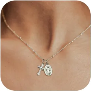 Cross Necklace for Women Trendy 14K Dainty Gold Silver Plated Cross Pendant Necklaces Simple Cute Faith Charm Choker Religious Drop Dangle Chain Necklace Non Tarnish Costume Jewelry Gift