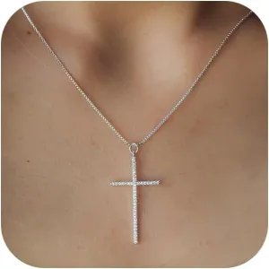 Cross Necklace for Women Trendy Simple 925 Sterling Silver Dainty Thin Diamond Big Cross Pendant Charm Necklaces CZ Religious Drop Handmade Faith Box Chain Necklace Non Tarnish Jewelry Gift