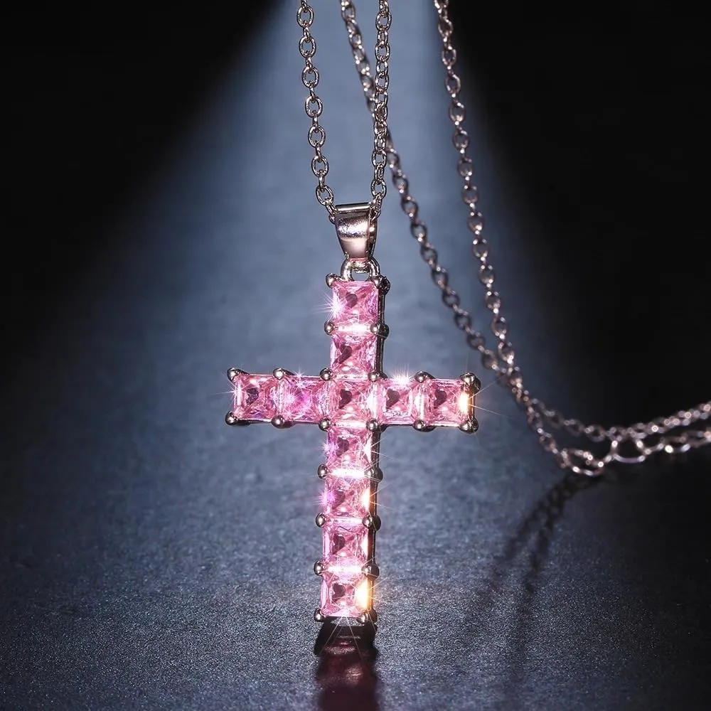 Cross Necklace Silvery Cubic Zirconia Cross Pendant Necklace Gifts for Women/Men