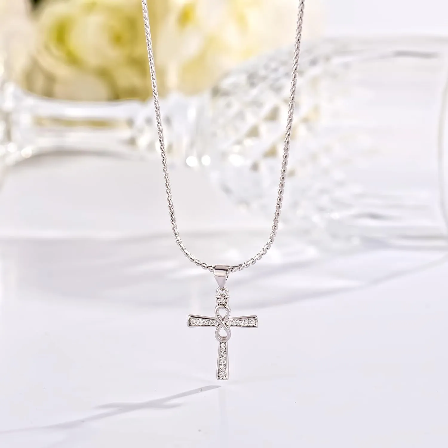 Cross Pendant Necklaces 14K White Gold Plated Cubic Zirconias CZ | Religious Cross Faith Pendant Necklace Religious Gifts for Women Men|18inches Adjustable
