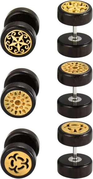 Cupimatch 3 Pairs Organic Wood Flower Studs Tunnel Earrings Cheater Fake Ear Plugs Gauges Illusion Screw for Men Women for Mothers Day