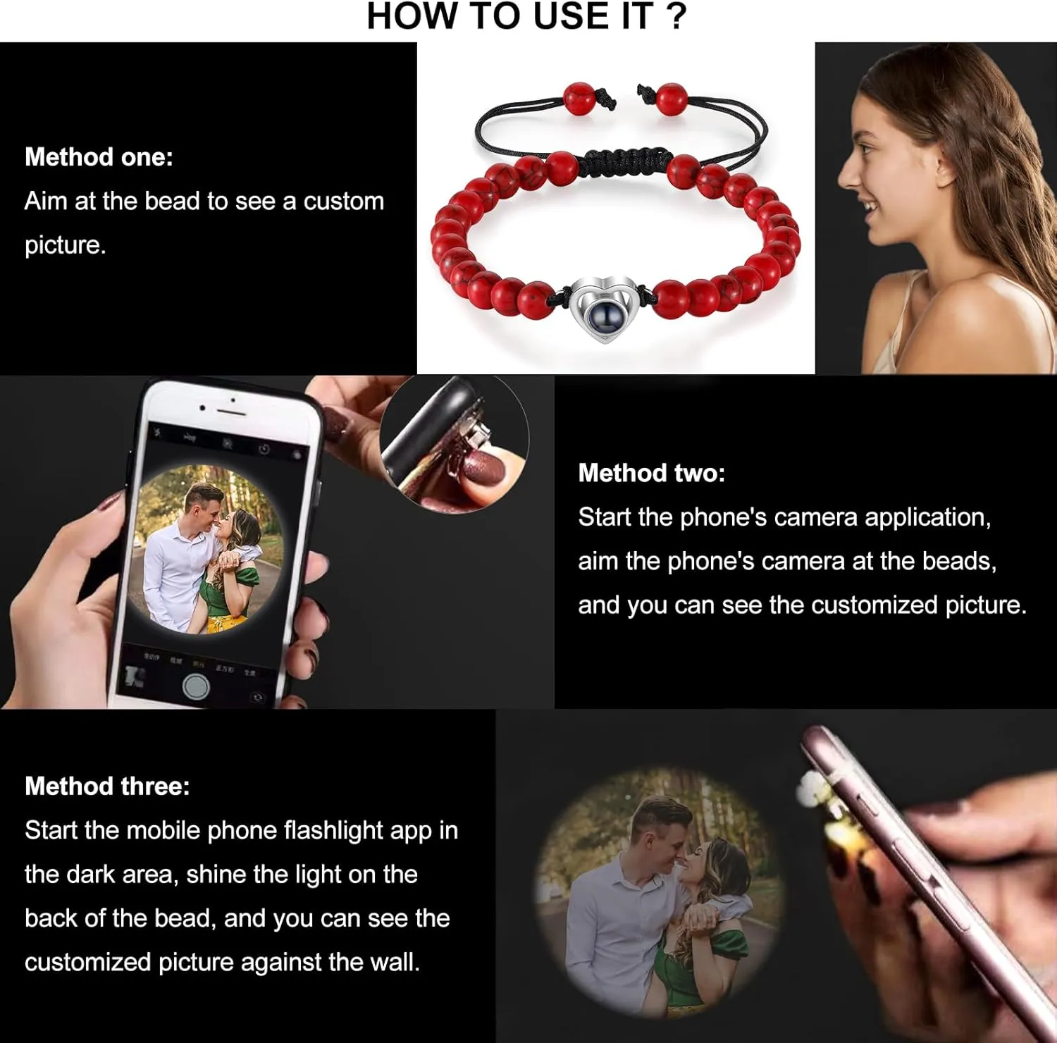 Custom Photo Bracelets with Picture inside Personalized Adjustable Beads Bracelets with Photo Projection Bracelet for Women Men Customized Gifts for Boyfriend Girlfriend