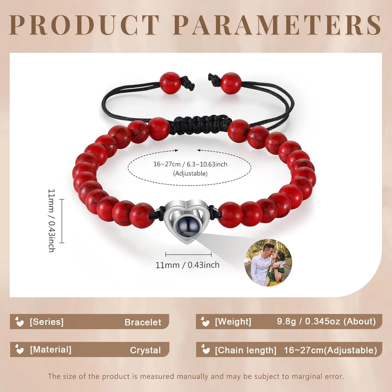 Custom Photo Bracelets with Picture inside Personalized Adjustable Beads Bracelets with Photo Projection Bracelet for Women Men Customized Gifts for Boyfriend Girlfriend